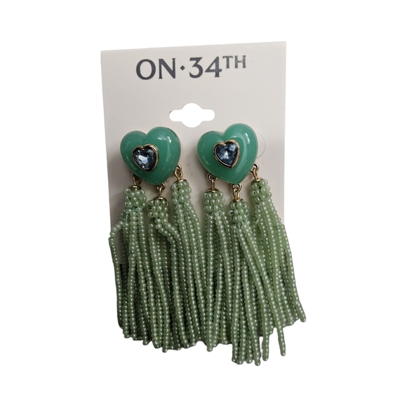 ON 34TH Green Heart Tassel seedbead Earrings - Picture 4 of 5